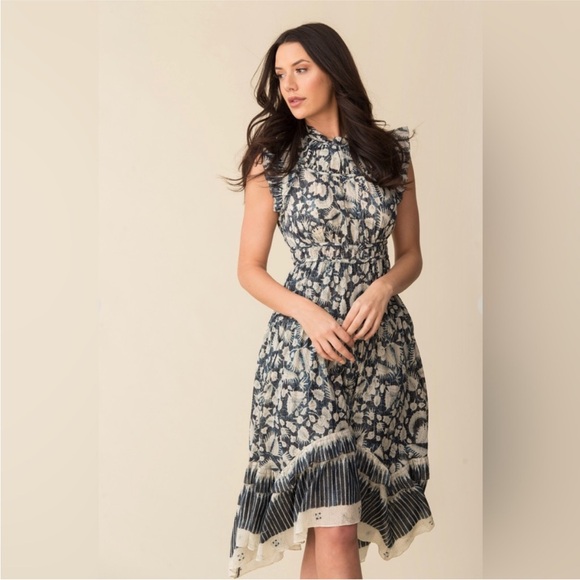 Ulla Johnson‎ Amalia Dress Indigo Batik Print High Low Midi Dress Ruffle Size 10 - Picture 15 of 16